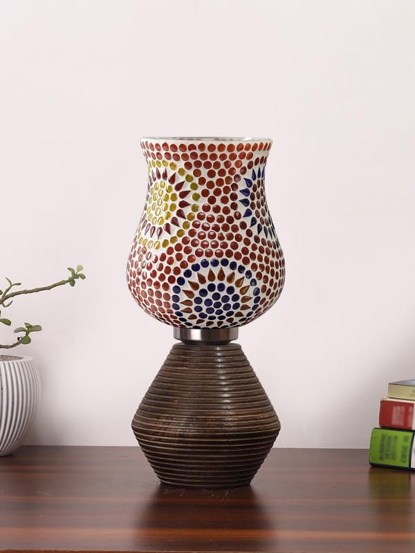 Multicolor Table Lamp | Artistic Mosaic Glass with Sturdy Wood Base | Decorative Ambient Light for Home D�cor | Perfect Blend of Modern & Traditional Style - Model DJK08