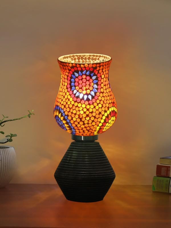 Multicolor Table Lamp | Artistic Mosaic Glass with Sturdy Wood Base | Decorative Ambient Light for Home D�cor | Perfect Blend of Modern & Traditional Style - Model DJK08