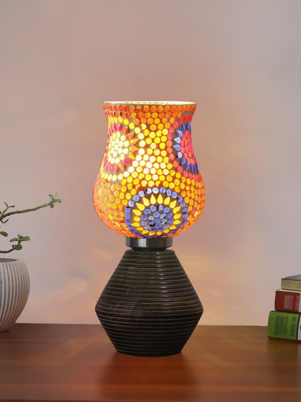 Multicolor Table Lamp | Artistic Mosaic Glass with Sturdy Wood Base | Decorative Ambient Light for Home D�cor | Perfect Blend of Modern & Traditional Style - Model DJK08
