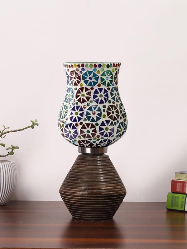 Multicolor Table Lamp | Artistic Mosaic Glass with Sturdy Wood Base | Decorative Ambient Light for Home D�cor | Perfect Blend of Modern & Traditional Style - Model DJK11