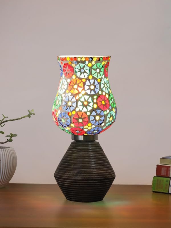 Multicolor Table Lamp | Artistic Mosaic Glass with Sturdy Wood Base | Decorative Ambient Light for Home D�cor | Perfect Blend of Modern & Traditional Style - Model DJK11