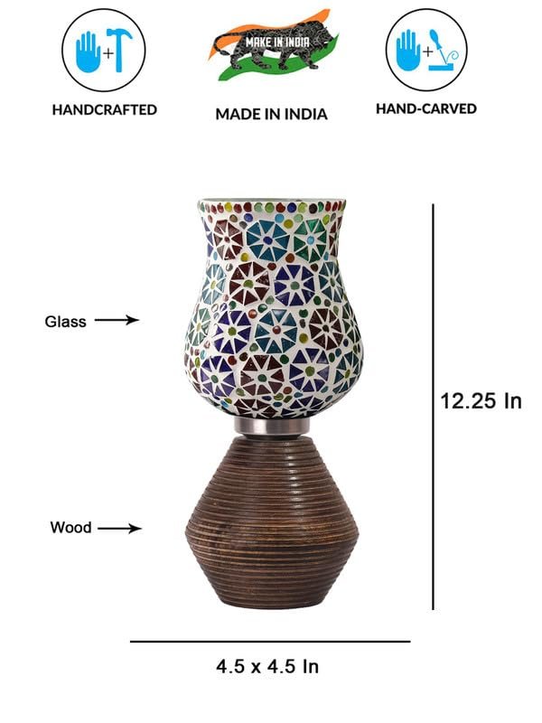 Multicolor Table Lamp | Artistic Mosaic Glass with Sturdy Wood Base | Decorative Ambient Light for Home D�cor | Perfect Blend of Modern & Traditional Style - Model DJK11