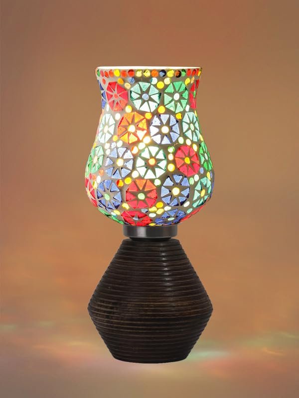 Multicolor Table Lamp | Artistic Mosaic Glass with Sturdy Wood Base | Decorative Ambient Light for Home D�cor | Perfect Blend of Modern & Traditional Style - Model DJK11