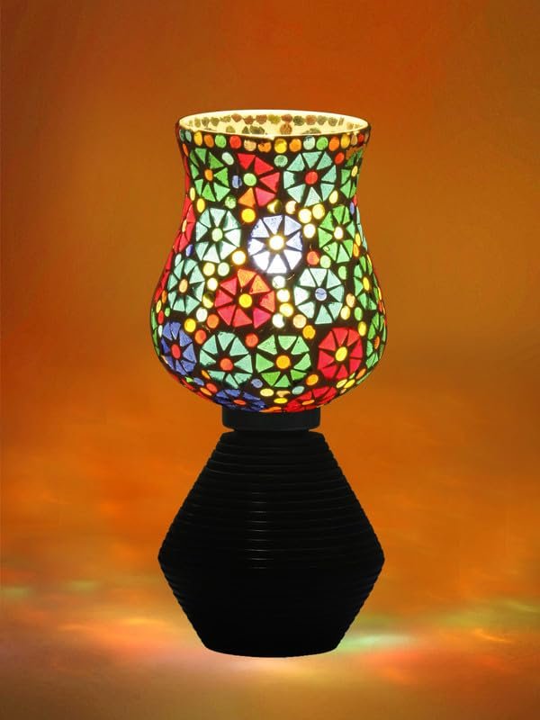 Multicolor Table Lamp | Artistic Mosaic Glass with Sturdy Wood Base | Decorative Ambient Light for Home D�cor | Perfect Blend of Modern & Traditional Style - Model DJK11