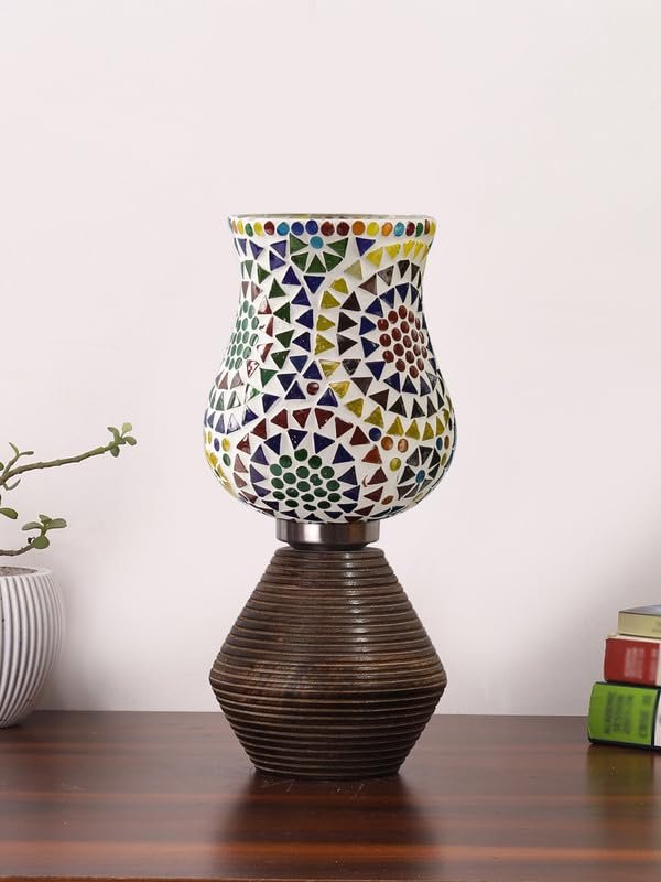 Multicolor Table Lamp | Artistic Mosaic Glass with Sturdy Wood Base | Decorative Ambient Light for Home D�cor | Perfect Blend of Modern & Traditional Style - Model DJK12