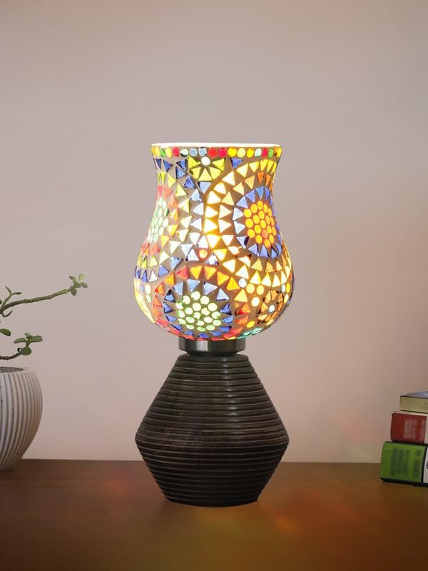 Multicolor Table Lamp | Artistic Mosaic Glass with Sturdy Wood Base | Decorative Ambient Light for Home D�cor | Perfect Blend of Modern & Traditional Style - Model DJK12