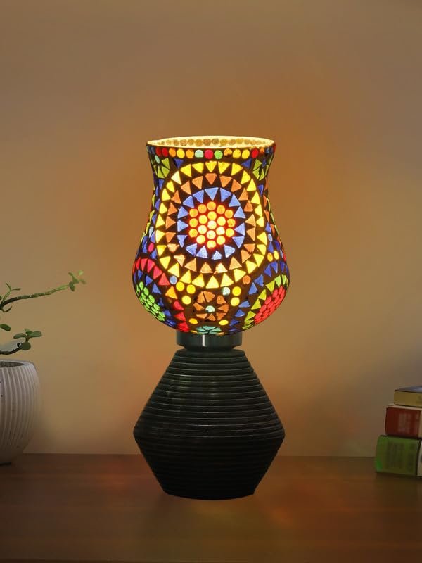Multicolor Table Lamp | Artistic Mosaic Glass with Sturdy Wood Base | Decorative Ambient Light for Home D�cor | Perfect Blend of Modern & Traditional Style - Model DJK12