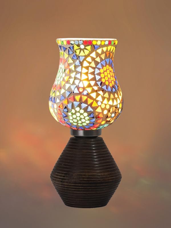 Multicolor Table Lamp | Artistic Mosaic Glass with Sturdy Wood Base | Decorative Ambient Light for Home D�cor | Perfect Blend of Modern & Traditional Style - Model DJK12