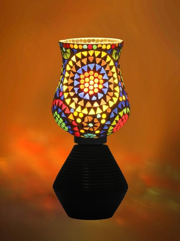 Multicolor Table Lamp | Artistic Mosaic Glass with Sturdy Wood Base | Decorative Ambient Light for Home D�cor | Perfect Blend of Modern & Traditional Style - Model DJK12