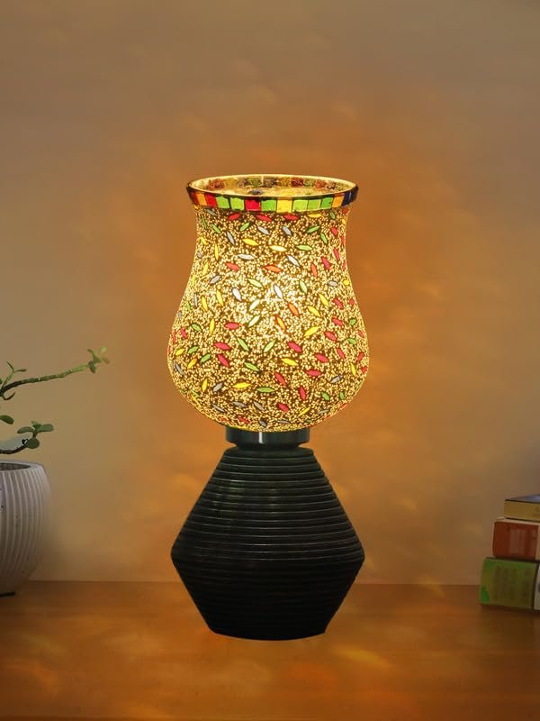 Multicolor Table Lamp | Artistic Mosaic Glass with Sturdy Wood Base | Decorative Ambient Light for Home D�cor | Perfect Blend of Modern & Traditional Style - Model DJK13