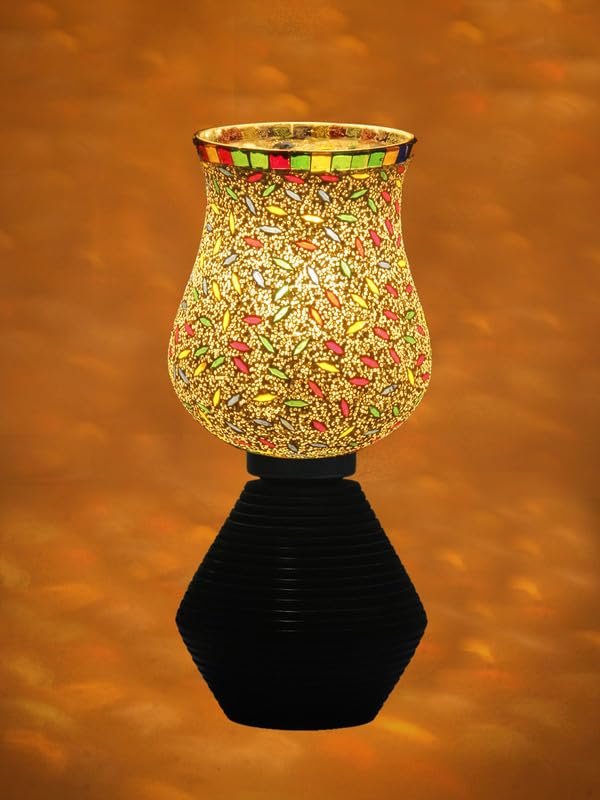 Multicolor Table Lamp | Artistic Mosaic Glass with Sturdy Wood Base | Decorative Ambient Light for Home D�cor | Perfect Blend of Modern & Traditional Style - Model DJK13