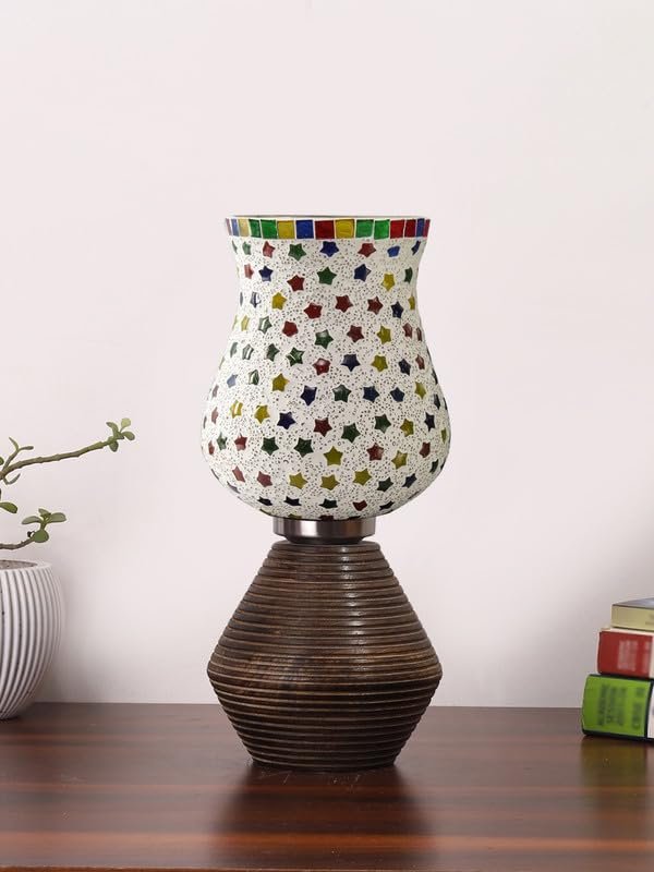Multicolor Table Lamp | Artistic Mosaic Glass with Sturdy Wood Base | Decorative Ambient Light for Home D�cor | Perfect Blend of Modern & Traditional Style - Model DJK14