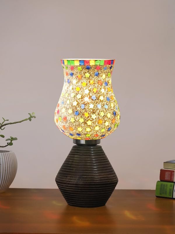Multicolor Table Lamp | Artistic Mosaic Glass with Sturdy Wood Base | Decorative Ambient Light for Home D�cor | Perfect Blend of Modern & Traditional Style - Model DJK14