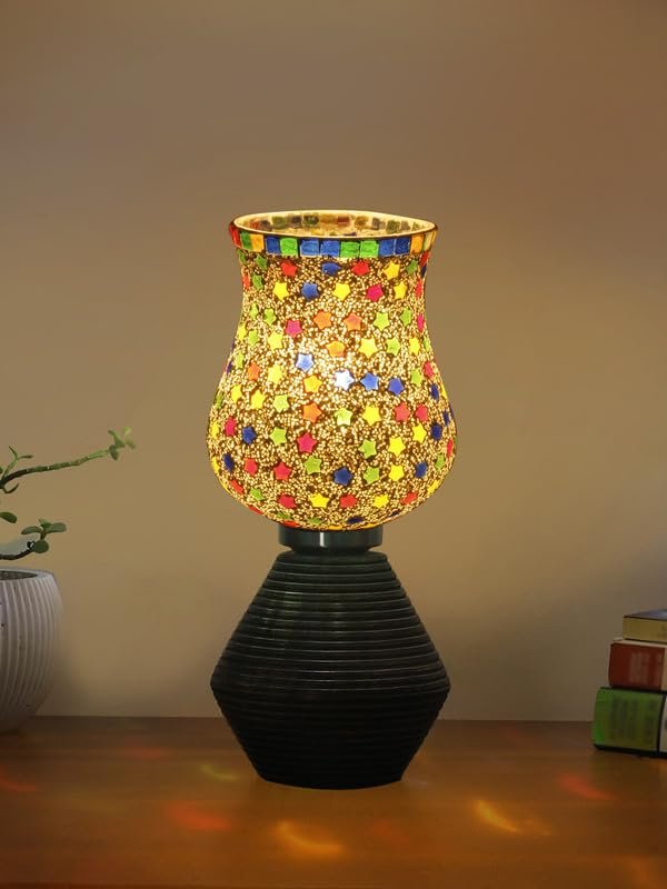 Multicolor Table Lamp | Artistic Mosaic Glass with Sturdy Wood Base | Decorative Ambient Light for Home D�cor | Perfect Blend of Modern & Traditional Style - Model DJK14