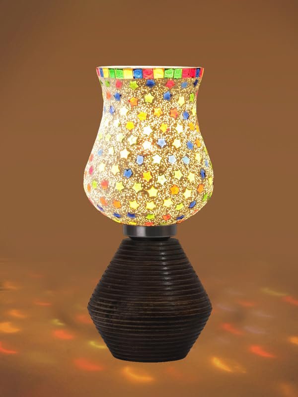 Multicolor Table Lamp | Artistic Mosaic Glass with Sturdy Wood Base | Decorative Ambient Light for Home D�cor | Perfect Blend of Modern & Traditional Style - Model DJK14