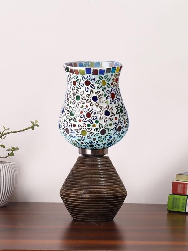 Multicolor Table Lamp | Artistic Mosaic Glass with Sturdy Wood Base | Decorative Ambient Light for Home D�cor | Perfect Blend of Modern & Traditional Style - Model DJK15