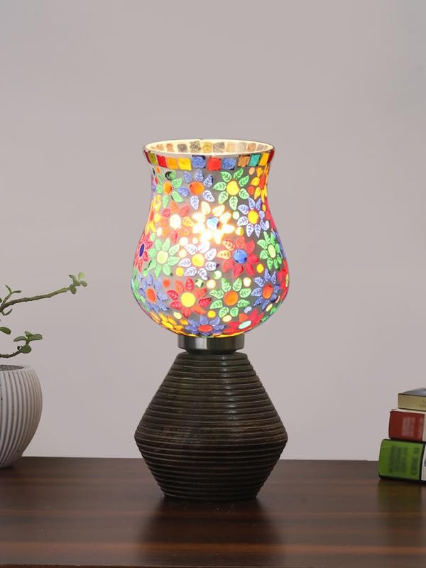 Multicolor Table Lamp | Artistic Mosaic Glass with Sturdy Wood Base | Decorative Ambient Light for Home D�cor | Perfect Blend of Modern & Traditional Style - Model DJK15