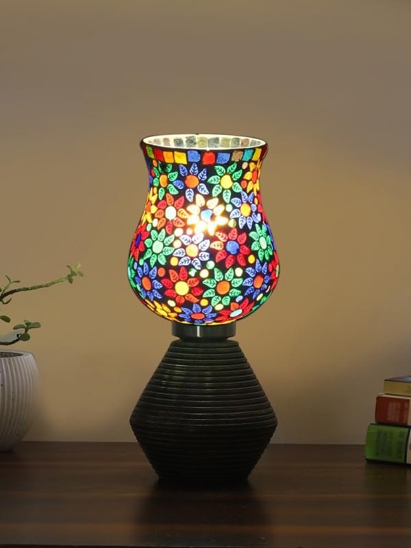 Multicolor Table Lamp | Artistic Mosaic Glass with Sturdy Wood Base | Decorative Ambient Light for Home D�cor | Perfect Blend of Modern & Traditional Style - Model DJK15