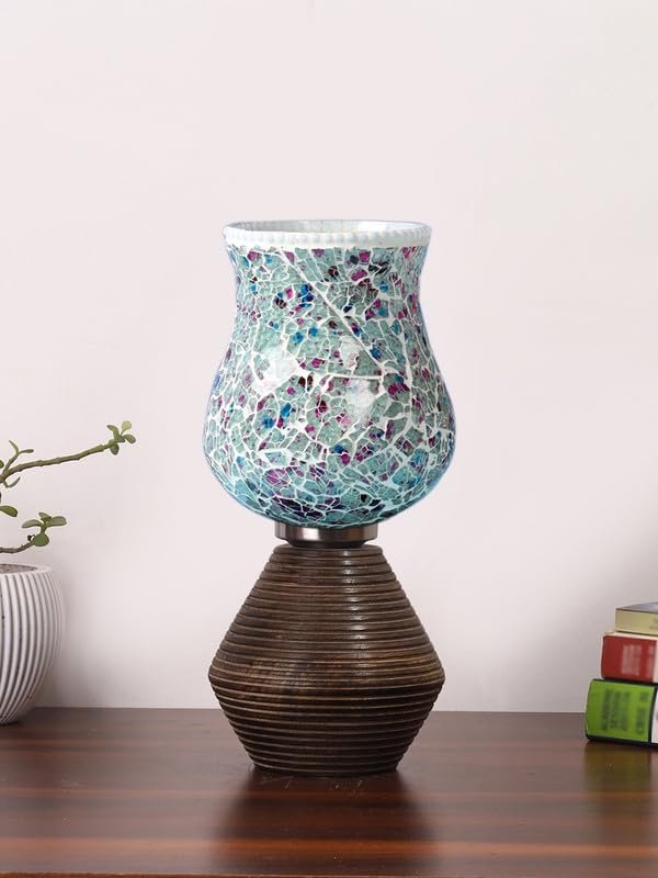 Multicolor Table Lamp | Artistic Mosaic Glass with Sturdy Wood Base | Decorative Ambient Light for Home D�cor | Perfect Blend of Modern & Traditional Style - Model DJK16