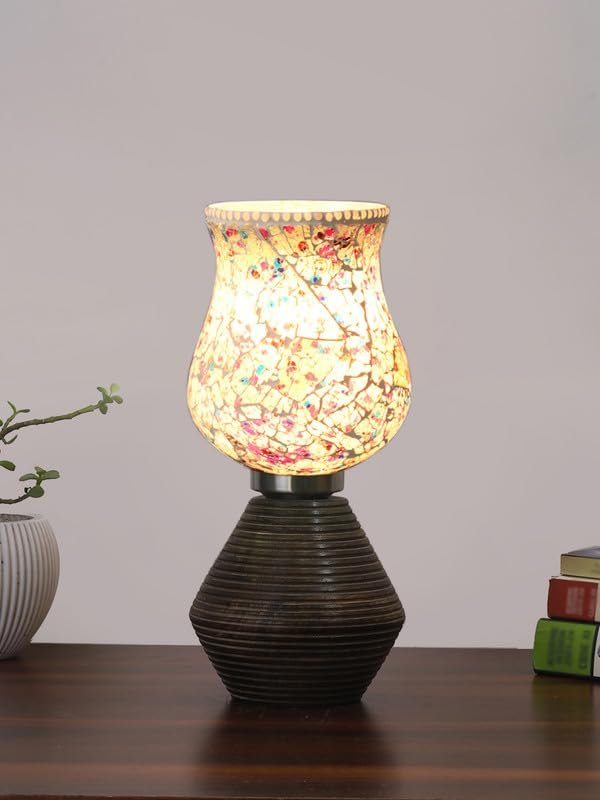 Multicolor Table Lamp | Artistic Mosaic Glass with Sturdy Wood Base | Decorative Ambient Light for Home D�cor | Perfect Blend of Modern & Traditional Style - Model DJK16