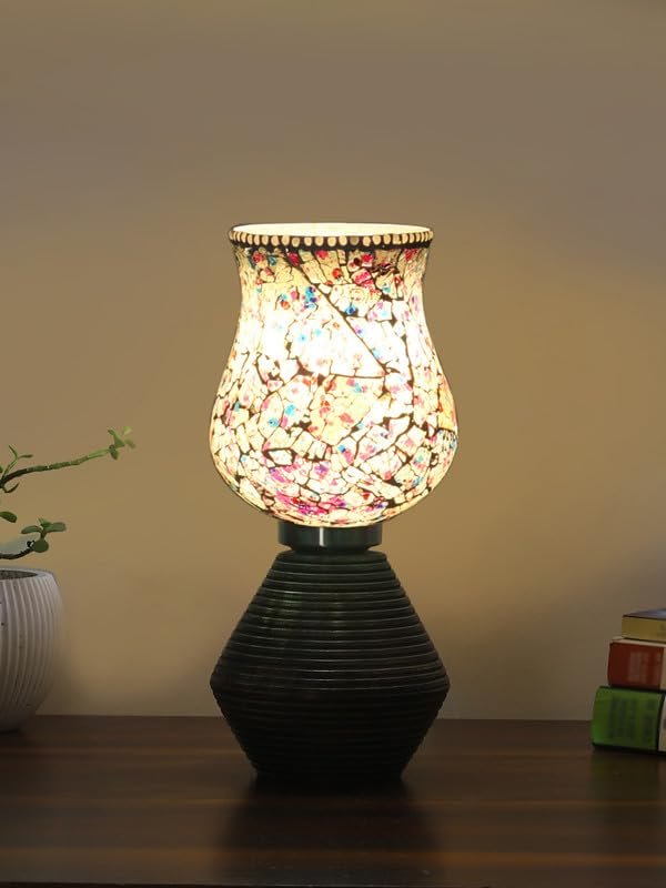 Multicolor Table Lamp | Artistic Mosaic Glass with Sturdy Wood Base | Decorative Ambient Light for Home D�cor | Perfect Blend of Modern & Traditional Style - Model DJK16