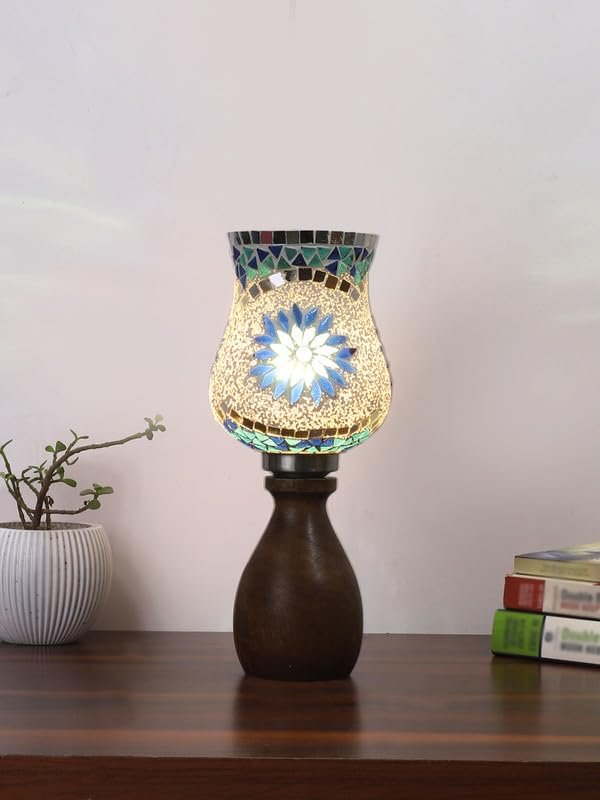 Multicolor Table Lamp | Artistic Mosaic Glass with Sturdy Wood Base | Decorative Ambient Light for Home D�cor | Perfect Blend of Modern & Traditional Style - Model DJM00