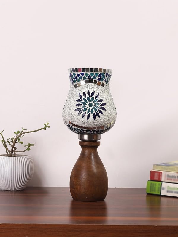 Multicolor Table Lamp | Artistic Mosaic Glass with Sturdy Wood Base | Decorative Ambient Light for Home D�cor | Perfect Blend of Modern & Traditional Style - Model DJM00