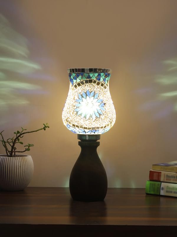 Multicolor Table Lamp | Artistic Mosaic Glass with Sturdy Wood Base | Decorative Ambient Light for Home D�cor | Perfect Blend of Modern & Traditional Style - Model DJM00