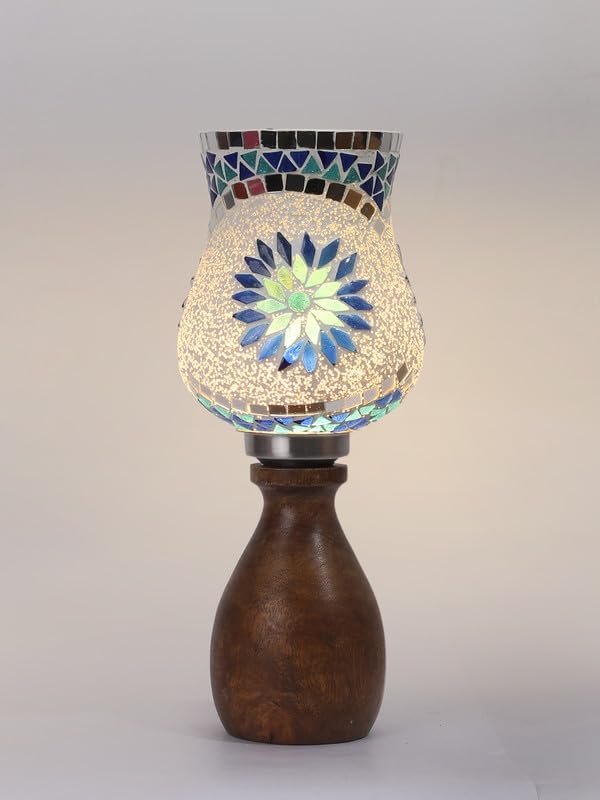 Multicolor Table Lamp | Artistic Mosaic Glass with Sturdy Wood Base | Decorative Ambient Light for Home D�cor | Perfect Blend of Modern & Traditional Style - Model DJM00