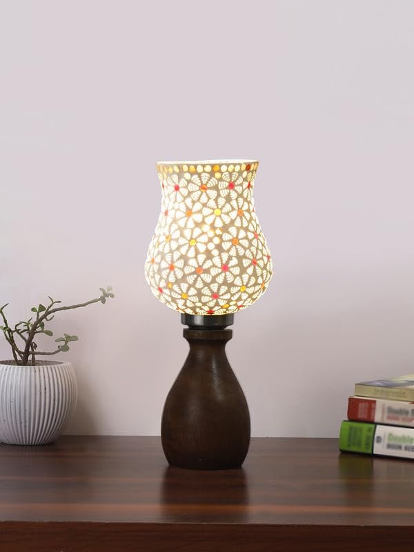 Multicolor Table Lamp | Artistic Mosaic Glass with Sturdy Wood Base | Decorative Ambient Light for Home D�cor | Perfect Blend of Modern & Traditional Style - Model DJM01