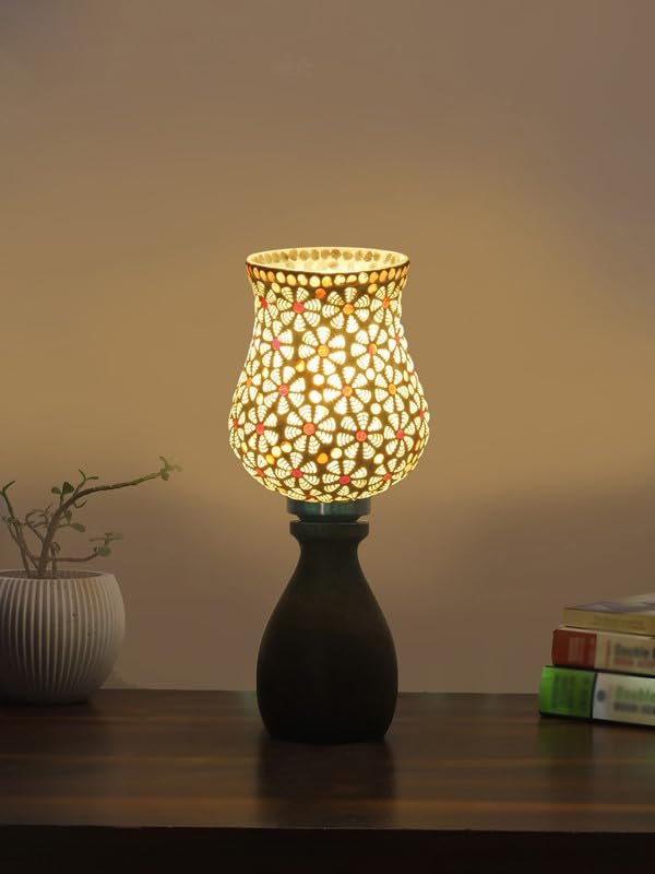 Multicolor Table Lamp | Artistic Mosaic Glass with Sturdy Wood Base | Decorative Ambient Light for Home D�cor | Perfect Blend of Modern & Traditional Style - Model DJM01