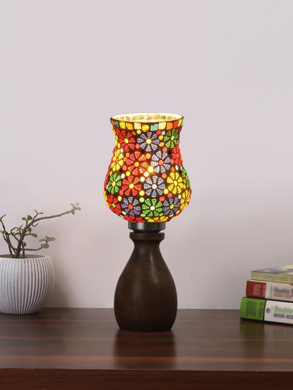 Multicolor Table Lamp | Artistic Mosaic Glass with Sturdy Wood Base | Decorative Ambient Light for Home D�cor | Perfect Blend of Modern & Traditional Style - Model DJM02