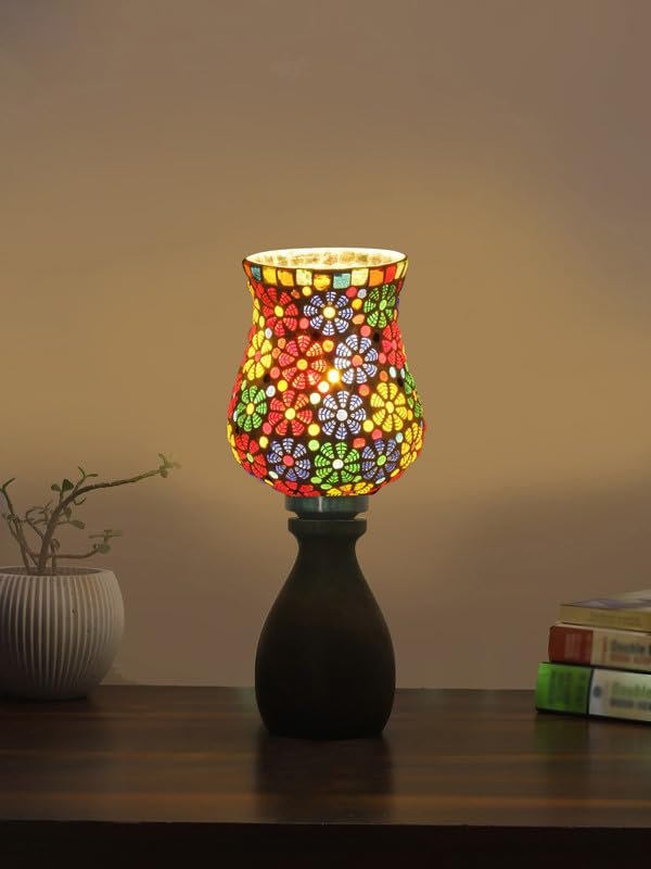 Multicolor Table Lamp | Artistic Mosaic Glass with Sturdy Wood Base | Decorative Ambient Light for Home D�cor | Perfect Blend of Modern & Traditional Style - Model DJM02