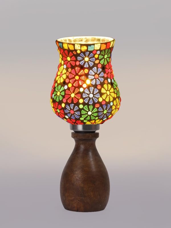 Multicolor Table Lamp | Artistic Mosaic Glass with Sturdy Wood Base | Decorative Ambient Light for Home D�cor | Perfect Blend of Modern & Traditional Style - Model DJM02