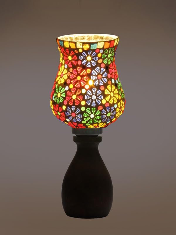 Multicolor Table Lamp | Artistic Mosaic Glass with Sturdy Wood Base | Decorative Ambient Light for Home D�cor | Perfect Blend of Modern & Traditional Style - Model DJM02