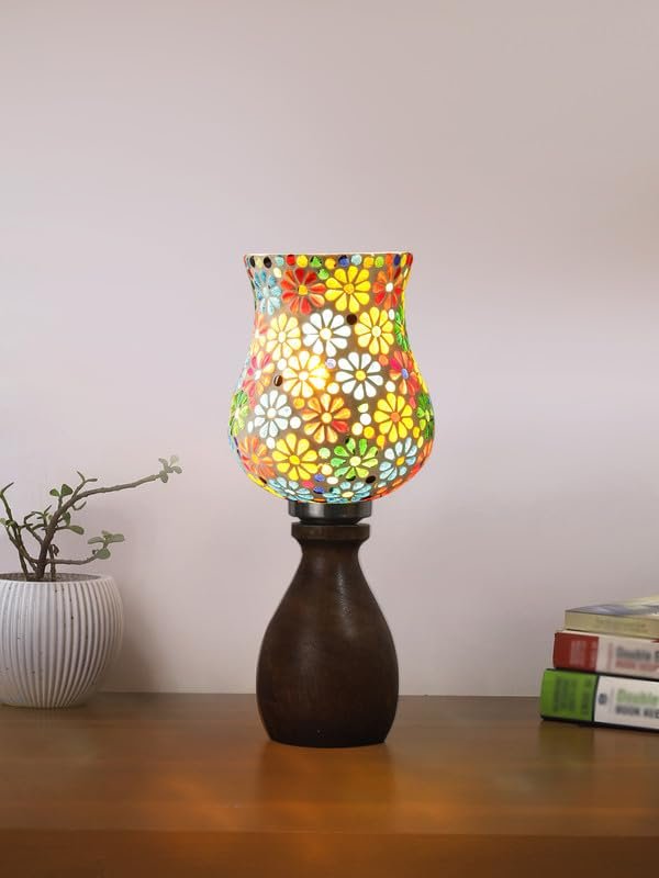 Multicolor Table Lamp | Artistic Mosaic Glass with Sturdy Wood Base | Decorative Ambient Light for Home D�cor | Perfect Blend of Modern & Traditional Style - Model DJM04