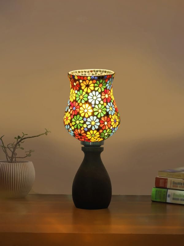 Multicolor Table Lamp | Artistic Mosaic Glass with Sturdy Wood Base | Decorative Ambient Light for Home D�cor | Perfect Blend of Modern & Traditional Style - Model DJM04
