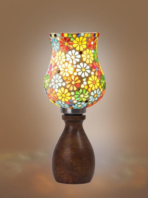 Multicolor Table Lamp | Artistic Mosaic Glass with Sturdy Wood Base | Decorative Ambient Light for Home D�cor | Perfect Blend of Modern & Traditional Style - Model DJM04