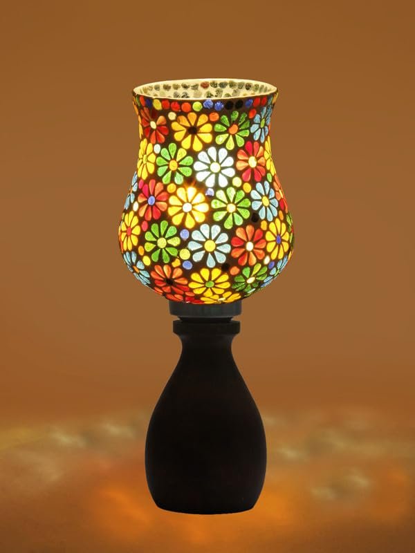 Multicolor Table Lamp | Artistic Mosaic Glass with Sturdy Wood Base | Decorative Ambient Light for Home D�cor | Perfect Blend of Modern & Traditional Style - Model DJM04