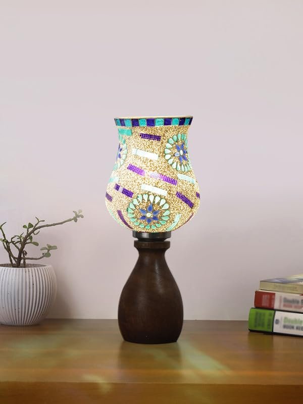 Multicolor Table Lamp | Artistic Mosaic Glass with Sturdy Wood Base | Decorative Ambient Light for Home D�cor | Perfect Blend of Modern & Traditional Style - Model DJM