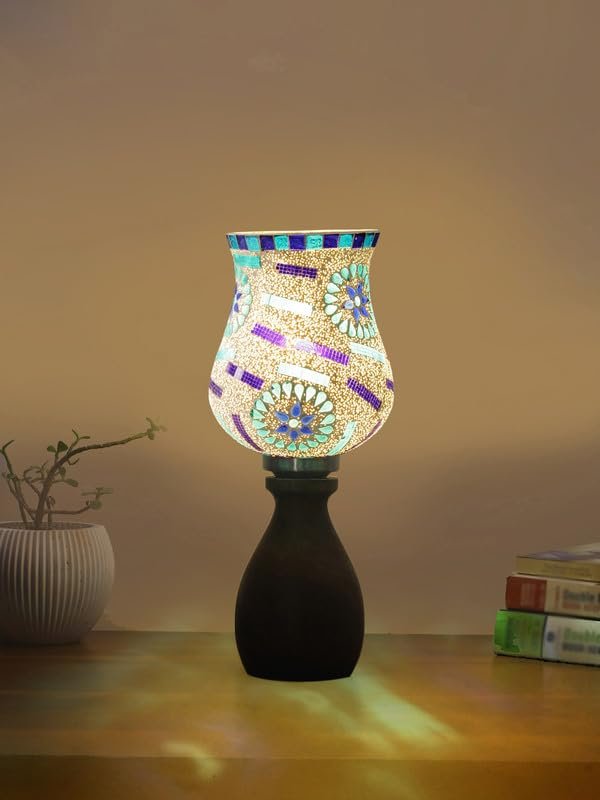 Multicolor Table Lamp | Artistic Mosaic Glass with Sturdy Wood Base | Decorative Ambient Light for Home D�cor | Perfect Blend of Modern & Traditional Style - Model DJM
