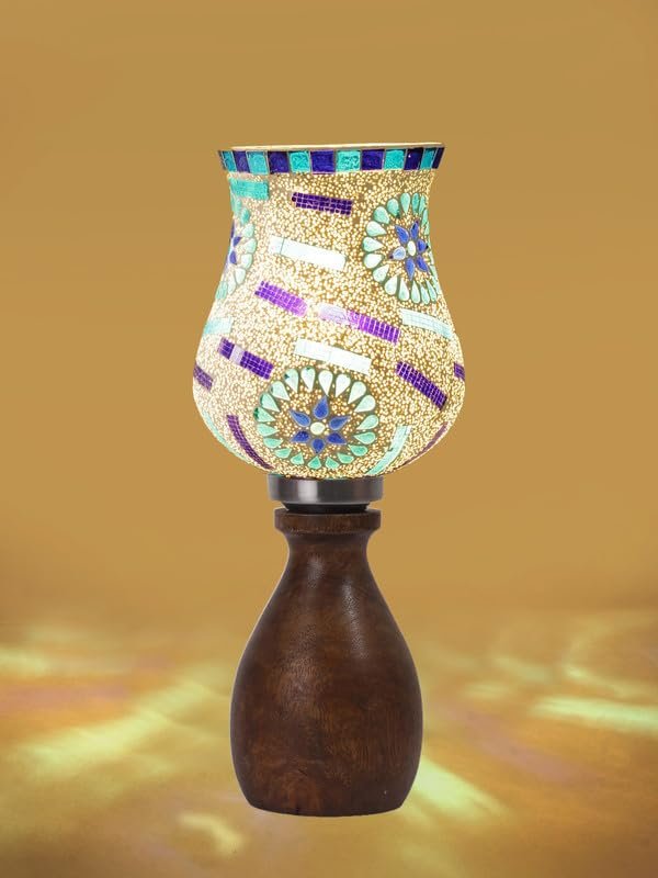 Multicolor Table Lamp | Artistic Mosaic Glass with Sturdy Wood Base | Decorative Ambient Light for Home D�cor | Perfect Blend of Modern & Traditional Style - Model DJM