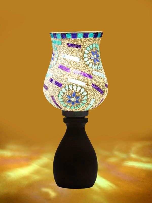 Multicolor Table Lamp | Artistic Mosaic Glass with Sturdy Wood Base | Decorative Ambient Light for Home D�cor | Perfect Blend of Modern & Traditional Style - Model DJM
