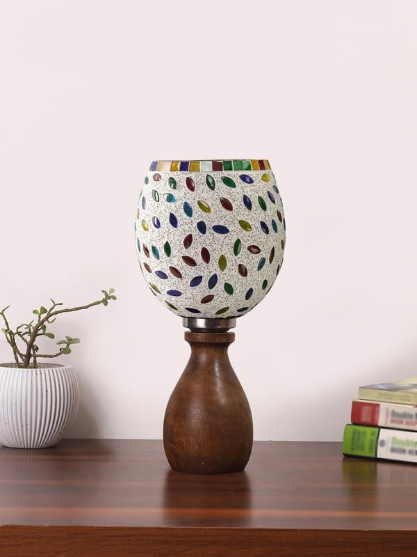 Multicolor Table Lamp | Artistic Mosaic Glass with Sturdy Wood Base | Decorative Ambient Light for Home D�cor | Perfect Blend of Modern & Traditional Style - Model DJM06