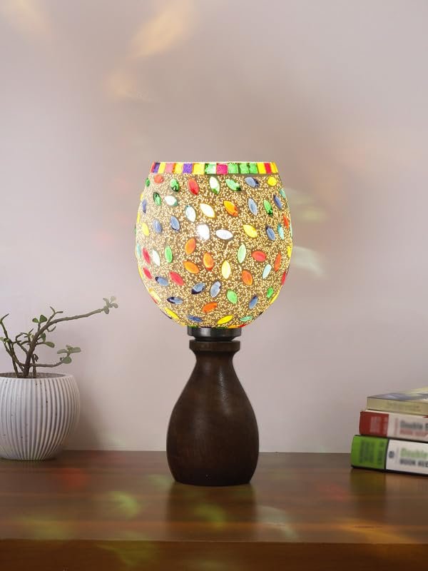 Multicolor Table Lamp | Artistic Mosaic Glass with Sturdy Wood Base | Decorative Ambient Light for Home D�cor | Perfect Blend of Modern & Traditional Style - Model DJM06