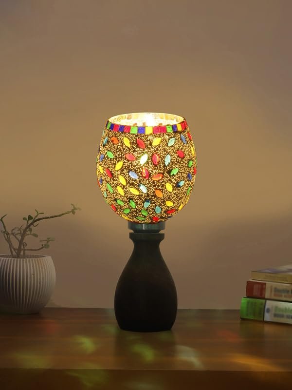 Multicolor Table Lamp | Artistic Mosaic Glass with Sturdy Wood Base | Decorative Ambient Light for Home D�cor | Perfect Blend of Modern & Traditional Style - Model DJM06