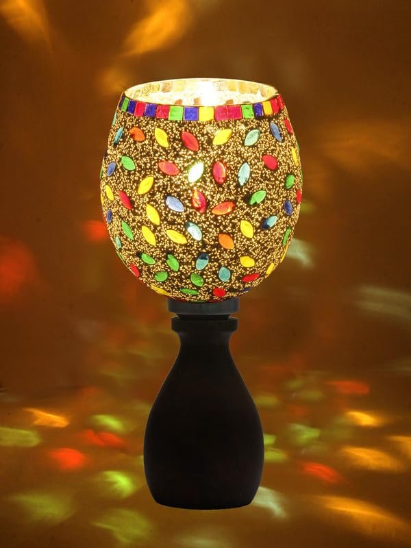 Multicolor Table Lamp | Artistic Mosaic Glass with Sturdy Wood Base | Decorative Ambient Light for Home D�cor | Perfect Blend of Modern & Traditional Style - Model DJM06