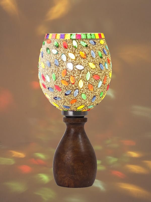 Multicolor Table Lamp | Artistic Mosaic Glass with Sturdy Wood Base | Decorative Ambient Light for Home D�cor | Perfect Blend of Modern & Traditional Style - Model DJM06