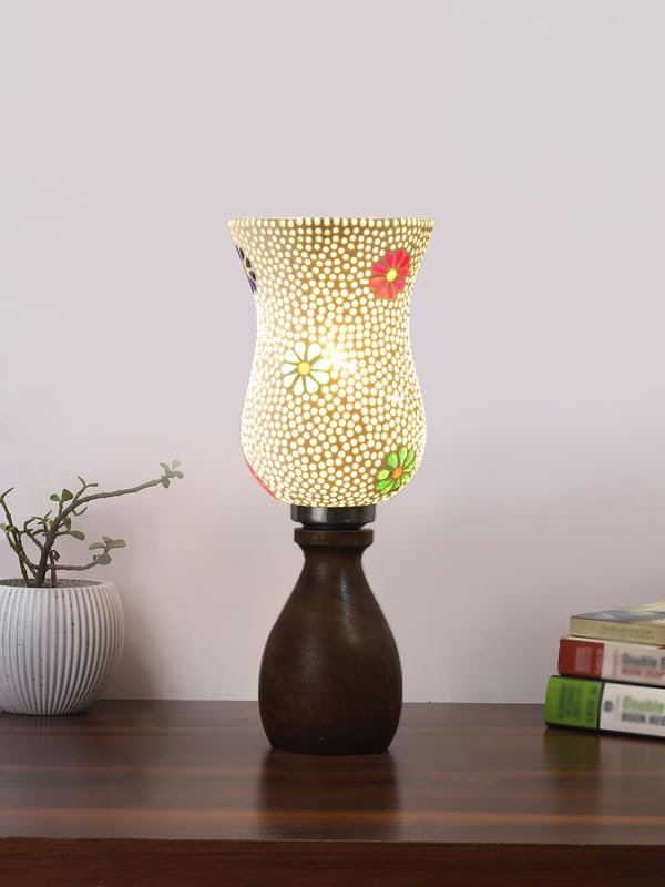 Multicolor Table Lamp | Artistic Mosaic Glass with Sturdy Wood Base | Decorative Ambient Light for Home D�cor | Perfect Blend of Modern & Traditional Style - Model DJM07
