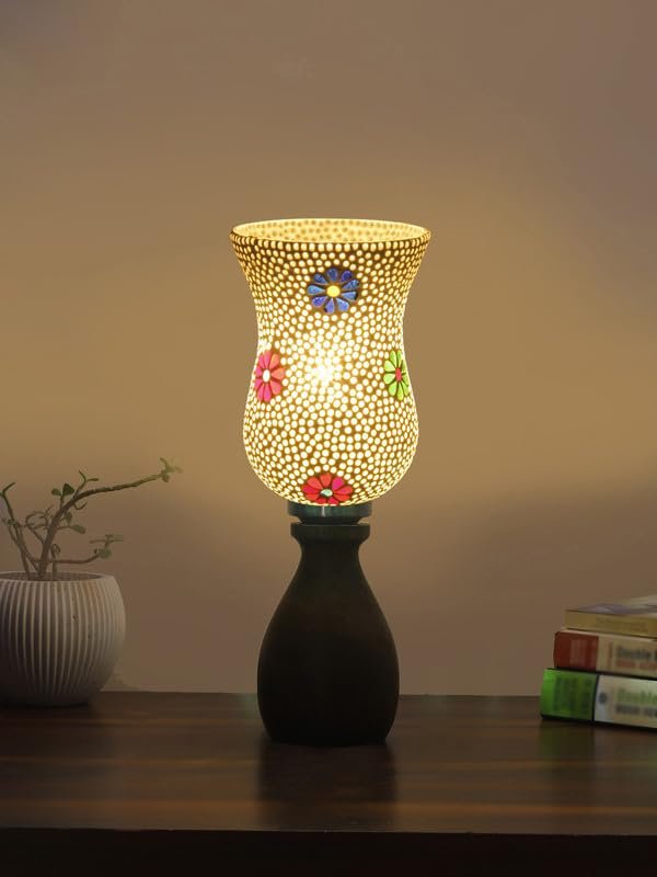 Multicolor Table Lamp | Artistic Mosaic Glass with Sturdy Wood Base | Decorative Ambient Light for Home D�cor | Perfect Blend of Modern & Traditional Style - Model DJM07